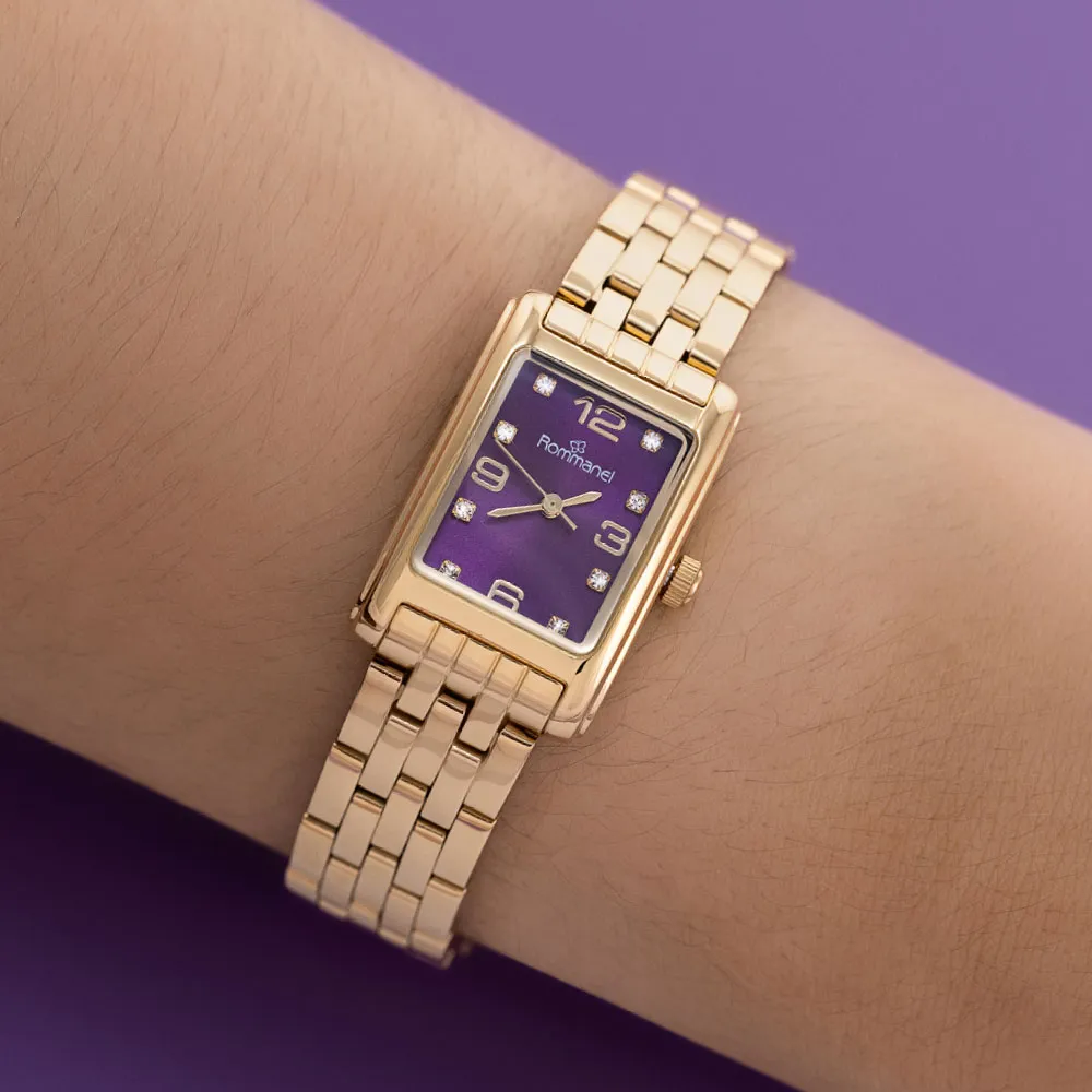 RELÓGIO ANALÓGICO SOCIAL DOURADO COM MOSTRADOR ROXO - Imagem 3