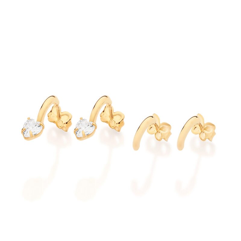 Kit brinco meia argola com zircônias coração 527527