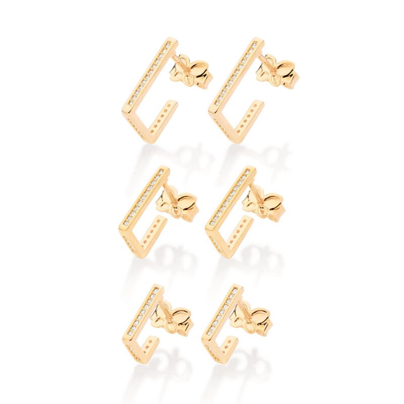 Kit brinco argola retangular com zircônias 527407