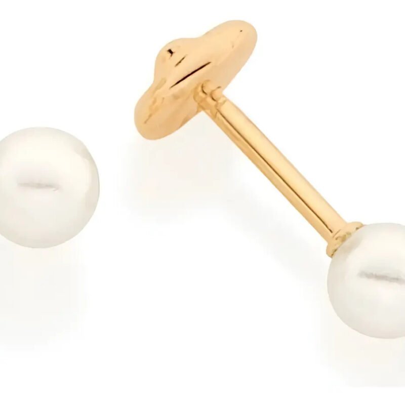Brinco Rommanel 520190 Banhado Ouro Pérola 4 Mm Tarraxa Baby Dourado