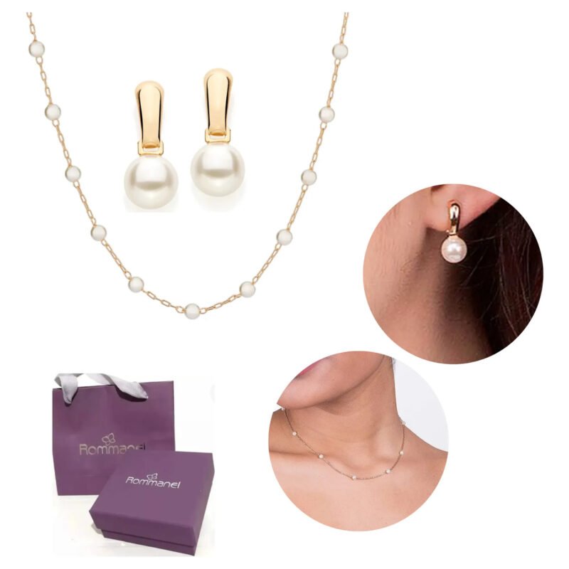 Kit Colar 42 Cm Pérola E Brinco Feminino Ouro 18k Rommanel Dourado