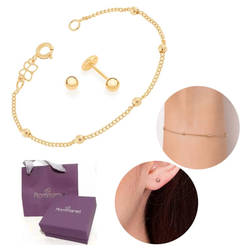 Pulseira E Brinco Rommanel Banhado A Ouro 18k Infantil Dourado 14 Cm